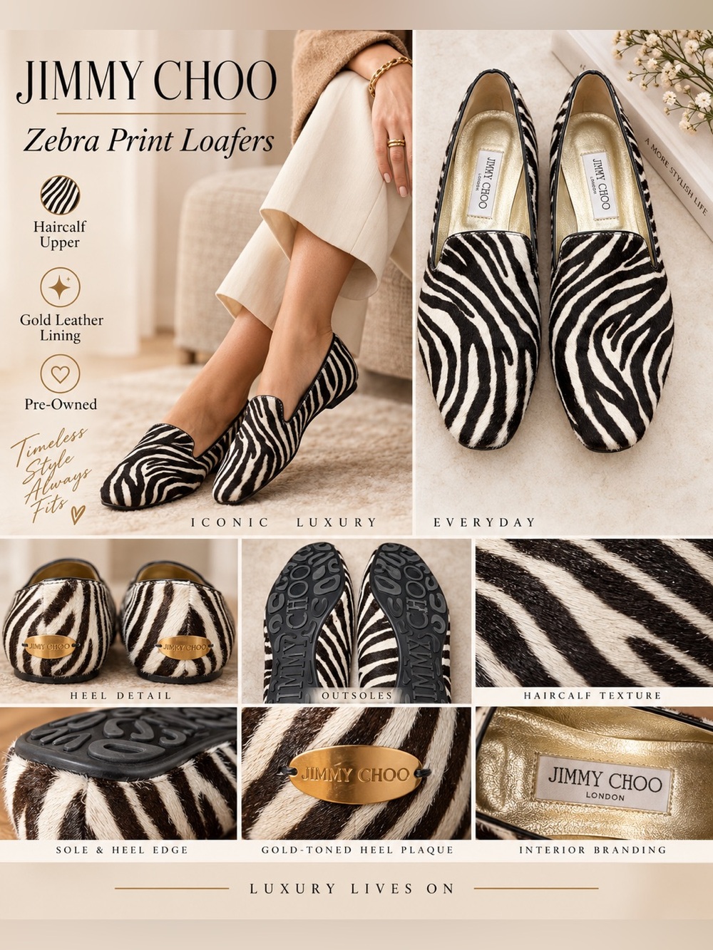 Jimmy Choo Zebra Haircalf Loafers EU 37.5 Black Ivory Designer Shoes